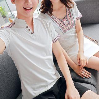Couple Matching Embroidered Short-sleeve T-shirt / Embroidered Short-sleeve T-shirt Dress