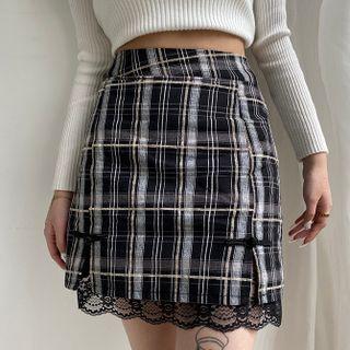 Lace Trim Plaid Mini Pencil Skirt / Long-sleeve Crop Top