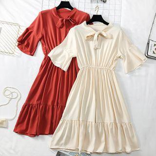 Ribbon-neckline Plain A-line Dress