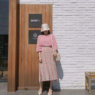 Band-waist Flared Floral Skirt Pink - One Size