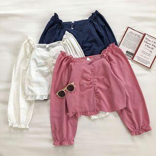 Plain Square-neck Ruffled-trim Long-sleeve Blouse