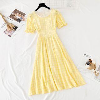 Smocked Waist Lace Trim Check Maxi A-line Dress