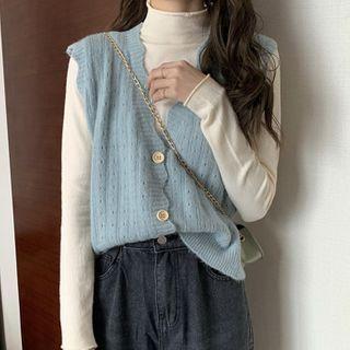Scallop Trim Pointelle Knit Button Vest