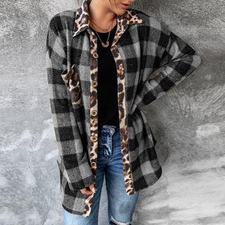 Leopard Print Trim Check Shirt Jacket