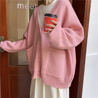 Pocketed Cardigan Sweater - Pink - One Size