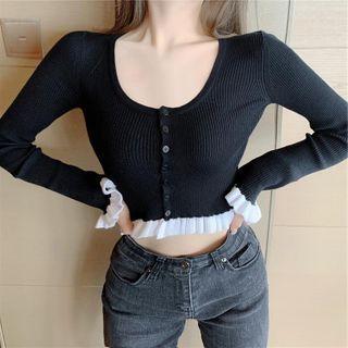 Ruffle Trim Cropped Knit Top Black & White - One Size