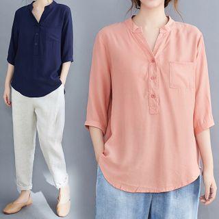 Elbow-sleeve Buttoned Linen Blend Blouse