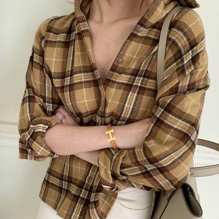 Woolen Flannel Plaid Shirt Beige - One Size