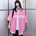 Elbow-sleeve Lettering Print Button Jacket