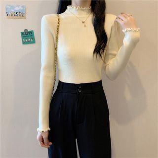 Semi High-neck Ruffled Plain Knit Top