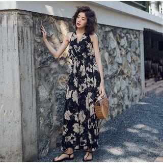 Floral Print Halter Open-back Maxi Sundress
