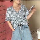 Short-sleeve Drawstring Plaid Top As Shown In Figure - One Size