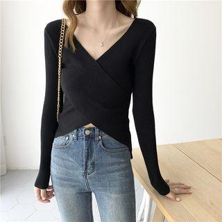 V-neck Crisscross Rib Knit Top Black - One Size