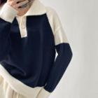 Two Tone Polo Sweater Navy Blue - One Size