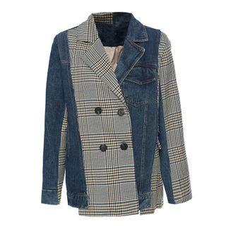 Plaid-panel Asymmetrical Denim Jacket