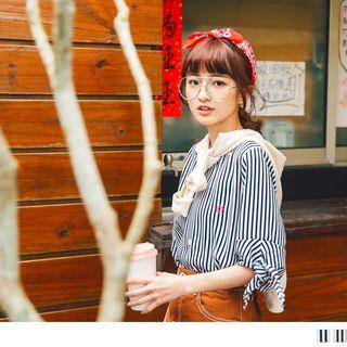 Tie-cuff Embroidered Striped Top