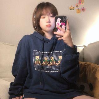 Long-sleeve Bear Printed Hoodie Navy Blue - One Size