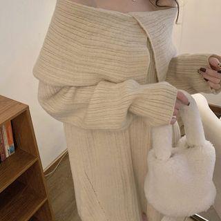 Off-shoulder Plain Sweater Almond - One Size