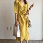 Elbow-sleeve Midi Wrap Dress