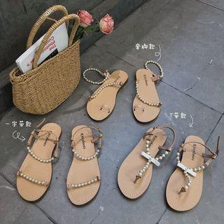 Faux Pearl Strap Flat Sandals