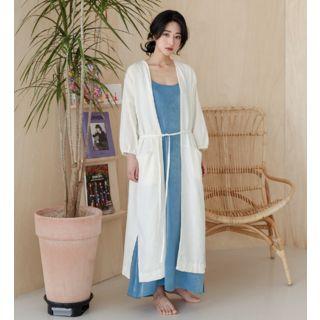 Plus Size Elasticized-sleeve Longline Cotton Cardigan