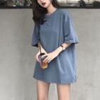 Plain Elbow-sleeve Oversized T-shirt