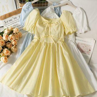Boatneck Ribbon-accent Ruffled Midi Dress
