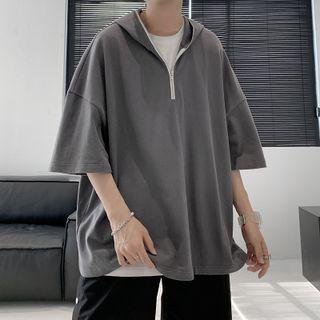 Zip Front Elbow Sleeve Oversized Hoodie