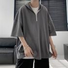 Zip Front Elbow Sleeve Oversized Hoodie
