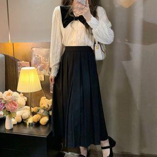 Collar Two-tone Blouse / Midi A-line Skirt / Set