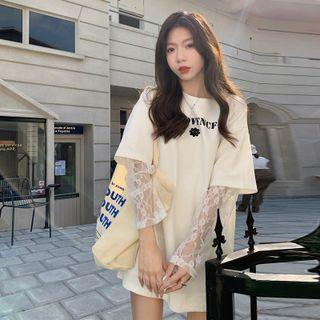 Mock Two-piece Lace Panel T-shirt White - One Size
