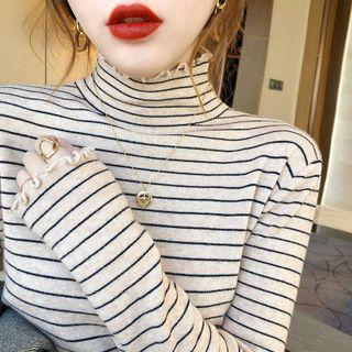 Long-sleeve Mock-neck Ruffle Trim Striped Knit Top