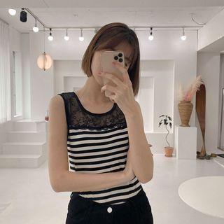 Lace-panel Stripe Tank Top Black - One Size