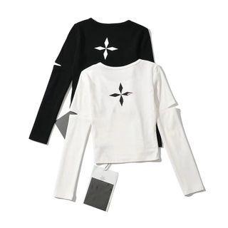 Long-sleeve Cross Print Cutout T-shirt