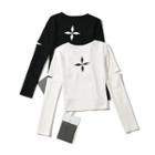 Long-sleeve Cross Print Cutout T-shirt
