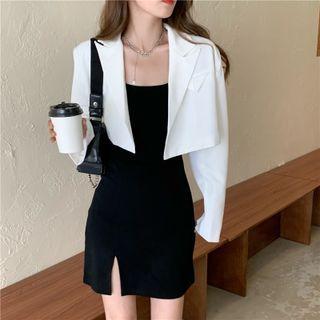 Cropped Open-front Blazer / Spaghetti Strap Mini Sheath Dress