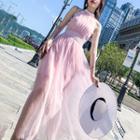 Lace Trim Halter Maxi Mesh Dress