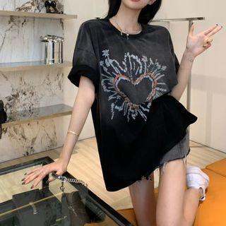 Short-sleeve Heart Print Oversized T-shirt Black - One Size