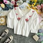 Embroidered Lapel Short-sleeve Blouse