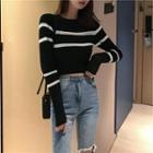 Long-sleeve Striped Cropped Knit Top Stripes - Black & White - One Size
