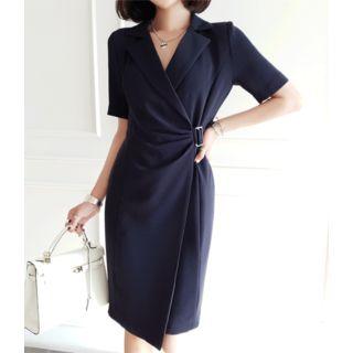 Notched-lapel Shirred Wrap-front Dress