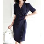 Notched-lapel Shirred Wrap-front Dress