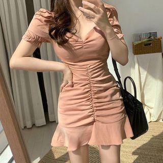 Short-sleeve Ruched Ruffle Trim A-line Dress
