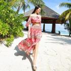 Set: Printed Off-shoulder Crop Top + Slit Maxi Skirt