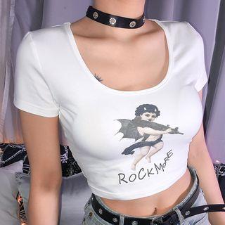 Short-sleeve Angel Print Cropped Top