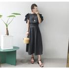 Short-sleeve Frill-detail Linen A-line Long Dress