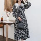 Lace-collar Floral Print Midi Dress Black - One Size