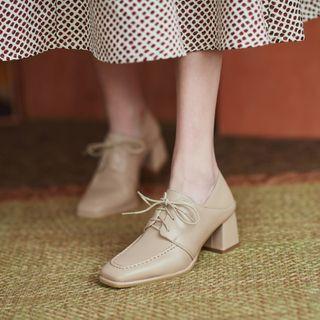 Plain Faux Leather Lace-up Chunky Heel Shoes