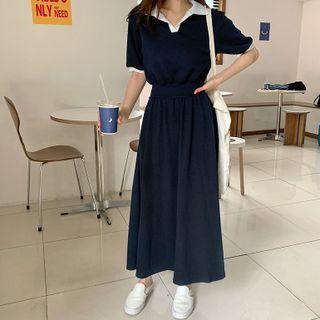 Short-sleeve Contrast Trim Midi A-line Polo Dress