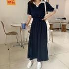 Short-sleeve Contrast Trim Midi A-line Polo Dress